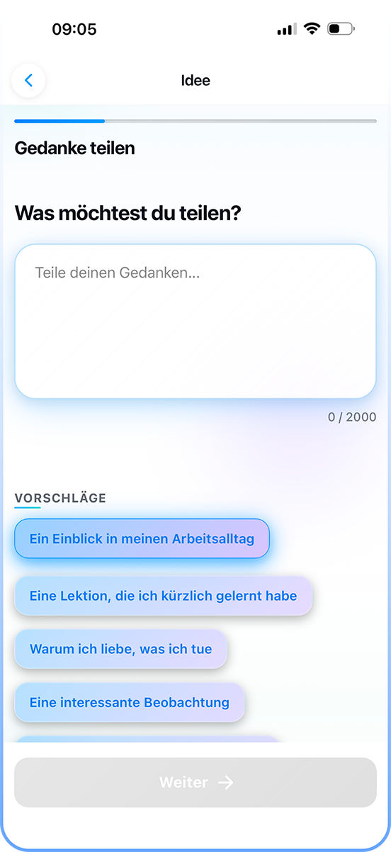 heise AI App: Gedanken teilen – aus einem Satz wird ein Beitrag Screenshot der heise AI App: Gedanken eingeben oder Vorschlag wählen, damit die KI daraus einen professionellen Beitrag erstellt.