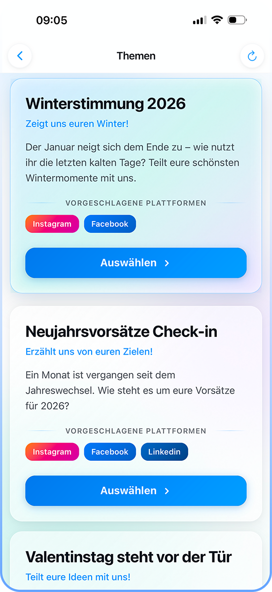 heise AI App: Vorschlag auswählen – Themenideen passend zum Unternehmen Screenshot der heise AI App: Themenvorschläge auswählen und Plattformen festlegen, um einen Beitrag schnell zu erstellen.